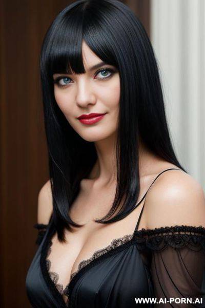 (woman 1), snobby, masterpiececondescending smile, fair skin, blue eyes, black hair, straight bangs, angry face, ultra-detailed, professional photography, - ai-porn.ai on pornsimulated.com
