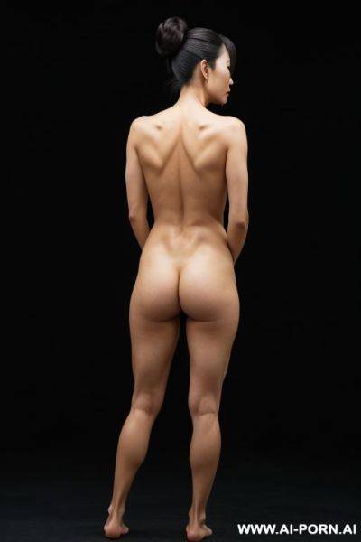 Completely naked.back of head.broad shoulders.take off your clothes.50-year-old, h: 12 cm. tall. hair up beautiful japanese woman. standing position. foot. back view.black background. - ai-porn.ai - Japan on pornsimulated.com