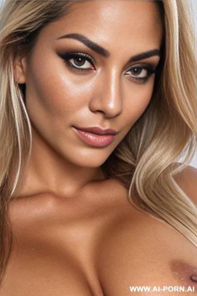 Stripper, perfect face, detailed face, cheek dimples, beautiful natural heavy oversized tits, brown eyes, perfect nipples, sexy eyes, open clothes, eye contact, extra long messy hair covering the - ai-porn.ai on pornsimulated.com