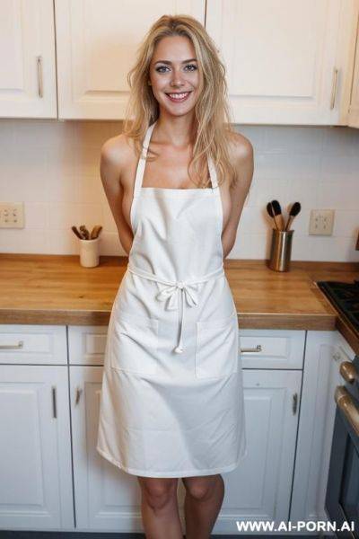 A european woman, smiling, 20 years old, blue eyes, long blond hair, very messy hair, lips, naked, apron, full body view - ai-porn.ai on pornsimulated.com