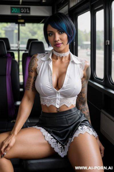 A naked dark-skinned muscular woman with short white hair, sprayed with white liquid in a collar, lies in tears with a lost look in full growth, toples, black lipstick - ai-porn.ai on pornsimulated.com