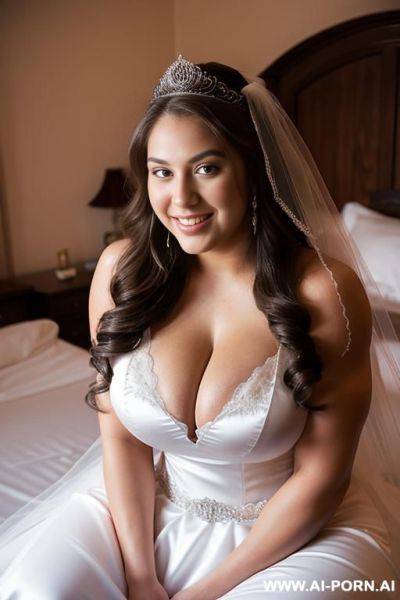 Tall, giant, 20 year old basketball athlete, princess, smiling, ((massive breasts)), (((thick muscular arms))), long hair, (big eyes), sitting in a fancy bedroom, wearing a wedding dress and veil showing cleavage, looking at the camera - ai-porn.ai on pornsimulated.com