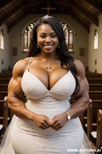 Tall, giant, 20 year old african american track runner, smiling, ((massive breasts)), (((thick muscular arms))), long hair, standing in a crowded chapel, wearing a wedding dress showing cleavage, looking at the camera - ai-porn.ai - Usa on pornsimulated.com