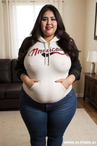 Mexican, hourglass figure, wearing band tshirt, high rise jeans, long hair, rotund - ai-porn.ai - Mexico on pornsimulated.com