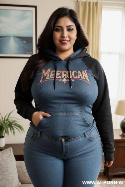 Mexican, hourglass figure, wearing band tshirt, high rise jeans, long hair - ai-porn.ai - Mexico on pornsimulated.com
