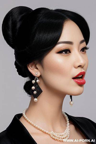 A classy, sexy woman. vintage low-disk hair, turn white eyes, tongue, mouth full of saliva. wear a string of large pearl necklace, wear a pair of retro palace style long earrings, wear black perspective qipao - ai-porn.ai on pornsimulated.com