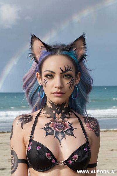Face, sexy, beautiful, ((face painting)), ((bikini as seashell)), ((tattoo roses)), ((eyes shw)), ((angel wings)), ((rainbow hair)), ((sexy expression)), ((long bu hair)), ((wind)), (( cat face)), (( cat - ai-porn.ai on pornsimulated.com