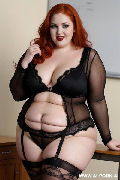 Half body photo shot, about at classroom, fat (((very obese))) bbw curvy redhead ((goth)) teacher, wearing a sexy and hot goth lace stocking lingeries, she has the most bnatural body - ai-porn.ai on pornsimulated.com