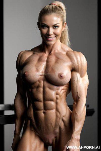 (extremely slender perfect musclebody), perfect face, ((big bright eyes)), (((nude caucasian white bodybuilder blakelee))), (((extremely narrow waist))), (v-tapered abs), (defined obliques), ((biggest - ai-porn.ai on pornsimulated.com