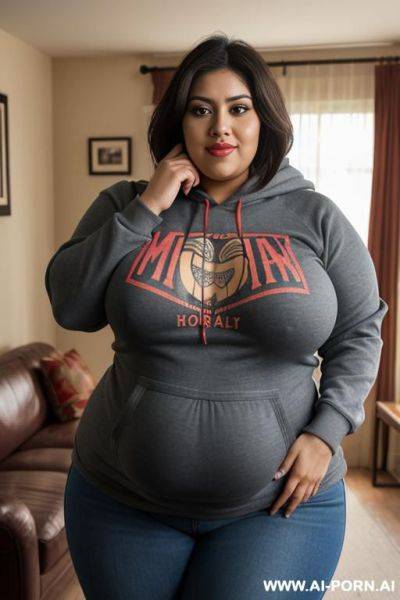 Mexican, hourglass figure, wearing band tshirt, high rise jeans - ai-porn.ai - Mexico on pornsimulated.com
