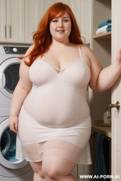 Half-length photo, ((half body photo shot close up)). as a set in the laundry area, a (((very obese))) fat chubby fat thick and bbw redhead british, ((she is washing clothes)). she has - ai-porn.ai - Britain on pornsimulated.com