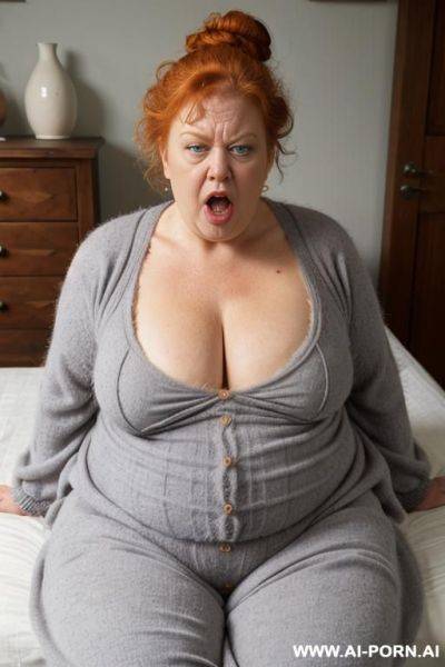 Old granny, totally naked, giant boobs, giant breasts, huge ass, thick thighs, hairy pussy ((big hairy pussy)) giant hair ((giant pubes)) - ai-porn.ai on pornsimulated.com