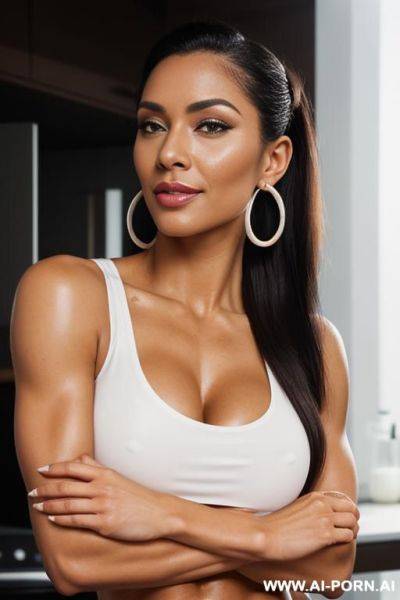 Sexbot, side view, full body view, standing, hand on kitchen countertop, looking at viewer, seductive smile, beautiful, long straight blonde hair, big lips, wide jaw, heavy makeup, hoop earrings, - ai-porn.ai on pornsimulated.com