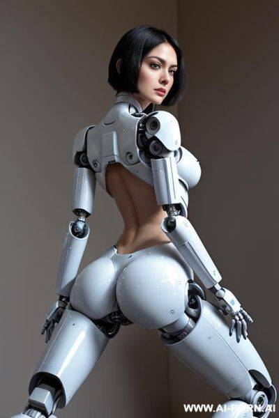 Beautiful realistic (( taur-women fully robotic body standing four legs)), detaleid face, skin in latex white and skyblue color, covered to latex, to boots, to beautiful robotic hand hd image quality, ((no background)). - ai-porn.ai on pornsimulated.com