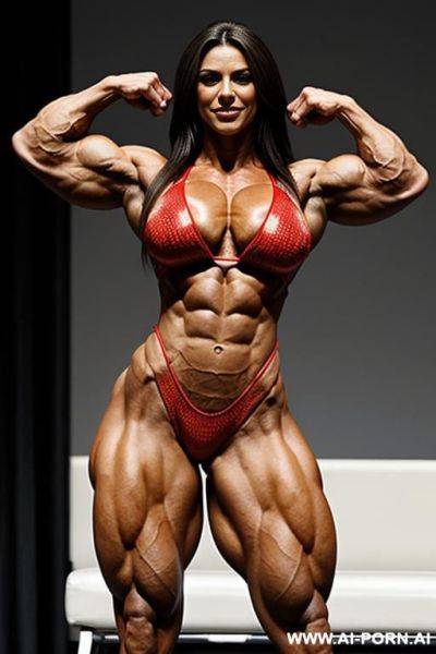 Ultra veins muscle body with biceps bigger than legs and shredded abs and legs. a men is trying to flex his weak muscles too. - ai-porn.ai on pornsimulated.com