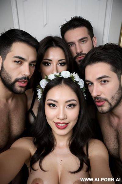2 men and 1 woman fuck, perverse, beautiful, fucking, extremely hairy pussy, flower head wreath, group orgy, fucking, big nose, seductive, sexy pose, t-shirt, kissing, fucking, threesome, orgy, - ai-porn.ai on pornsimulated.com