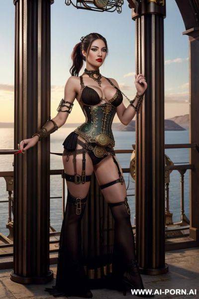 ((sex)) ((fucked)) _gorgeous, very beautiful, photorealistic, (((steampunk bondage gear))), ((topless)), goth, red lips, bright light green eyes, (open boobs, show nipples), (monster opera) - ai-porn.ai on pornsimulated.com