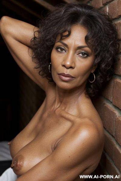 Ebony, saggy perky boobs, tanned skin, old lady, dark brown nipples - ai-porn.ai on pornsimulated.com