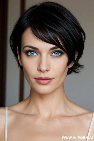 French woman, short hair, blue eyes, button nose, short eyebrows, lips, black hair, skin, - ai-porn.ai - France on pornsimulated.com