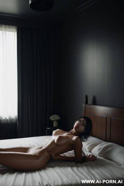 A half-dark room, a naked beautiful woman lying on a bed with her arms and legs tied to the bedposts. - ai-porn.ai on pornsimulated.com
