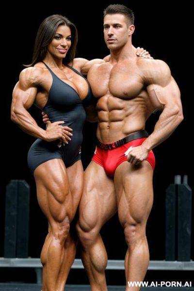 Ultra veins muscle body with biceps bigger than legs and shredded abs and legs. a men is trying to flex his muscles too. - ai-porn.ai on pornsimulated.com