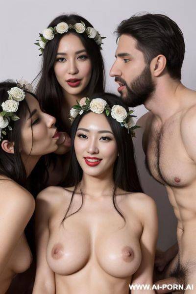 2 men and 1 woman fuck, perverse, beautiful, fucking, extremely hairy pussy, flower head wreath, group orgy, fucking, big nose, seductive, sexy pose, t-shirt, kissing, fucking, threesome, orgy, - ai-porn.ai on pornsimulated.com