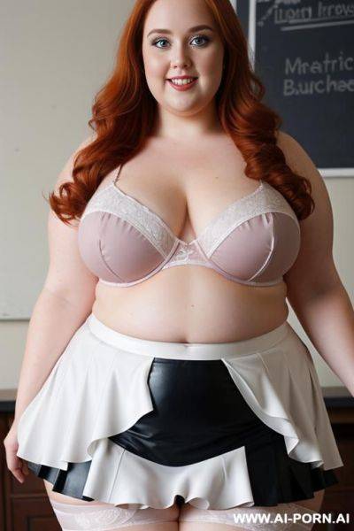 Close up full body photo shot, about at classroom, chubby very ((very obese)) redhead fat bbw curvy teacher, wearing a sexy and hot micro ruffle leather skirt, with stockings, and elegant top, teaching to the classroom. ((dynamic angle)), perfect face - ai-porn.ai on pornsimulated.com