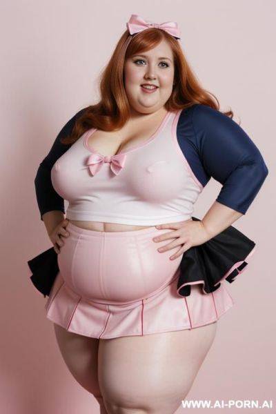 Close up half body photo shot, chubby very ((((obese with wide hips)))) redhead fat bbw curvy cheerleader, wearing a sexy and hot micro ruffle leather skirt, wearing high stockings. (dynamic angle), perfect heart face - ai-porn.ai on pornsimulated.com