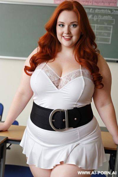 Half body photo shot close up, about at classroom, chubby ((obese but so hot)) redhead fat bbw curvy teacher, wearing a sexy and hot micro colorfull ruffle skirt, and stocking lingeries, sports top. teaching to the classroom. ((dynamic angle)) - ai-porn.ai on pornsimulated.com
