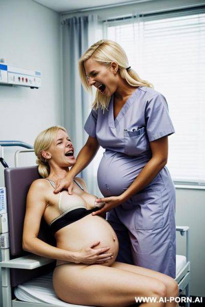 Pregnant blonde nordic female with her legs locked in stirrups in a hospital bed while crying. african nurse slapping her pregnant belly and laughing - ai-porn.ai on pornsimulated.com
