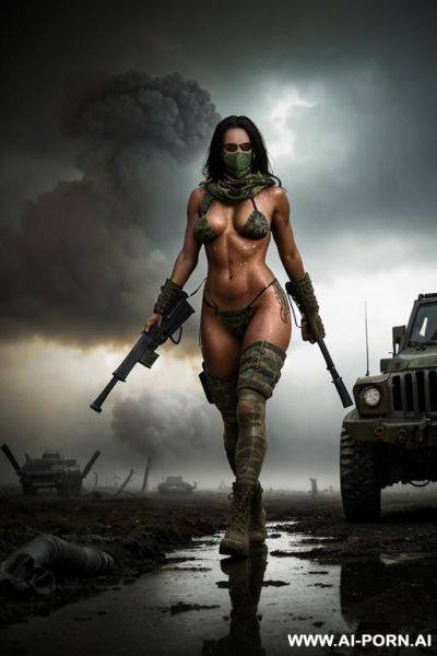 At nigth , apocalyptic city , cloudy sky fog battle city , atomic bomb explosions landscape , horizont looking , walking sexy pose , mud-stained body , camouflage thong , topless huge tits - ai-porn.ai on pornsimulated.com