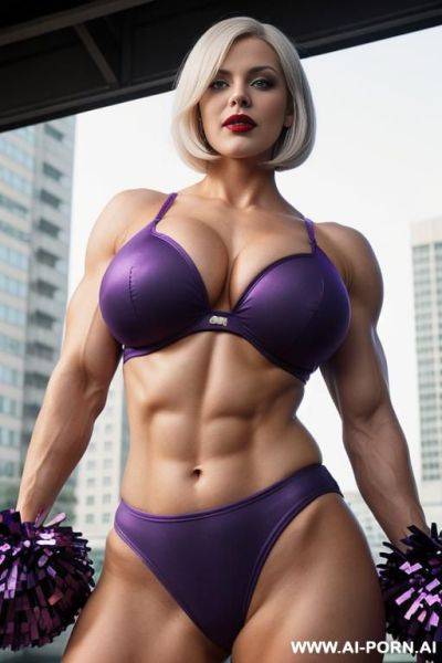 Muscular woman, short white hair, bob cut, red eyes, massive breasts, cheerleader uniform, purple lipstick, large lips - ai-porn.ai on pornsimulated.com