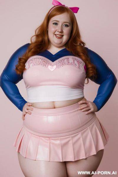 Close up half body photo shot, chubby very ((((obese with wide hips)))) redhead fat bbw curvy cheerleader, wearing a sexy and hot micro ruffle leather skirt, wearing high stockings. (dynamic angle), perfect heart face - ai-porn.ai on pornsimulated.com
