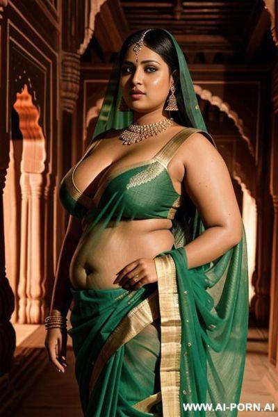 Interior of a medieval indian palace with an indian chubby princess in a green saree and her chubby full naked female servant with shaved vagina - ai-porn.ai - India on pornsimulated.com