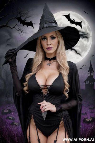 Babe pornstar milf, long wavey blonde hair, full body view, ((keep face)) ((keep body)), halloween night, in backyard, halloween theme background, - ai-porn.ai on pornsimulated.com