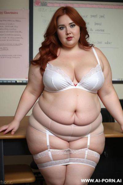 Full body photo shot, about at classroom, so chubby and ((very obese)) bbw curvy teacher, wearing a sexy and hot micro red ruffle microskirt and elegant micro garter belt top, speaking to the classroom. - ai-porn.ai on pornsimulated.com