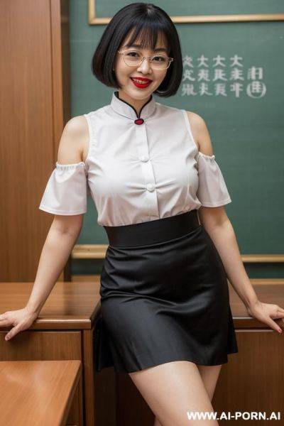 Chinese woman, shoulder-length bob hair, glasses, fair skin, red lips, laughing, big breasts, big butt, plump, naked, standing, undressing, flashing breasts, flashing pussy, nipples, elevator - ai-porn.ai - China on pornsimulated.com