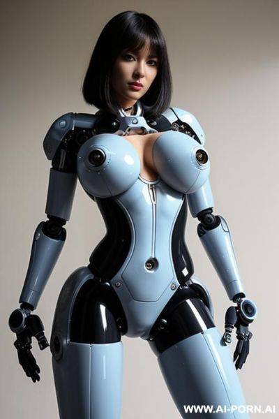 Beautiful realistic (( taur-women fully robotic body standing four legs)), detaleid face, skin in latex white and skyblue color, covered to latex, to boots, to beautiful robotic hand hd image quality, ((no background)). - ai-porn.ai on pornsimulated.com