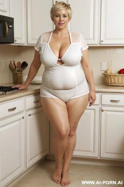 Mature chubby woman, full body, standing, triangular hips, thick thighs, elderly, blonde hair, wearing white micro basket in kitchen - ai-porn.ai on pornsimulated.com