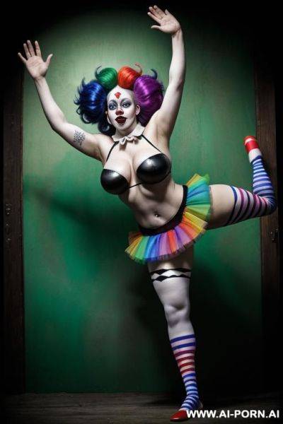 (clown outfit, clown sleeves, tutu, big clown hat), long hair, naked, (multicolored hair, colorful clown makeup, rainbow hair, white face, tongue out, crazy), white face, dancing, big pop - ai-porn.ai on pornsimulated.com