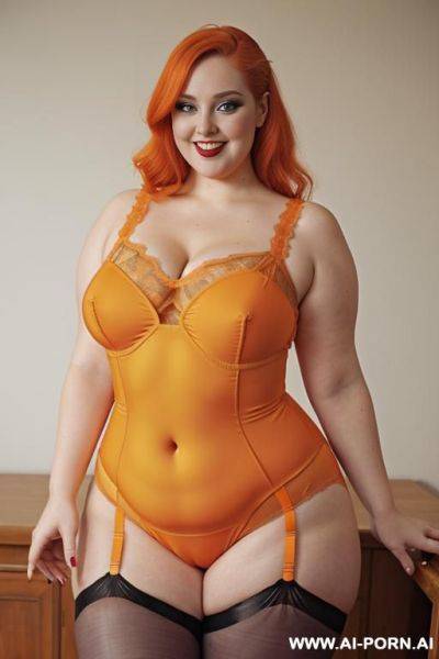 Half body photo shot, about at classroom, fat ((very obese)) bbw curvy redhead ((goth)) teacher, wearing a sexy and hot goth lace stocking lingeries, she has the most bnatural body - ai-porn.ai on pornsimulated.com
