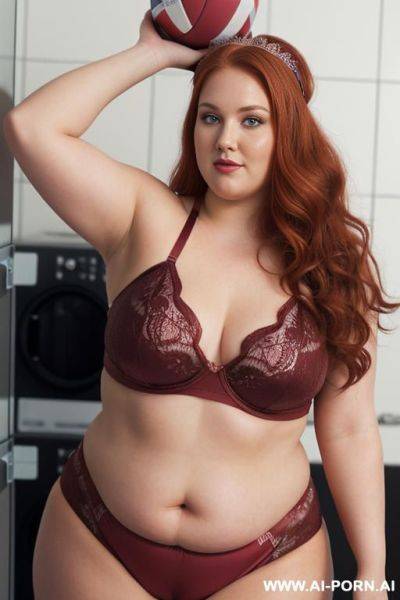 Half-length photo, ((half body photo shot close up)). as a set in the laundry area, a ((very obese)) fat chubby fat thick and bbw redhead british, ((she is washing clothes)). she has - ai-porn.ai - Britain on pornsimulated.com