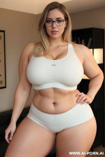(thick rimmed glasses) (sports bra), massive thighs, gigantic thighs, obese thighs, muscled bulked up thighs, huge thighs, strong thighs, thick thighs - ai-porn.ai on pornsimulated.com