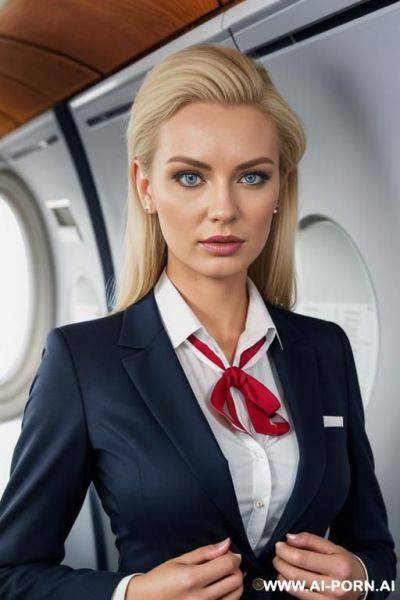 Blazer jacket, office pants, business shirt, ((cabin crew ribbon)), air hostess uniform - ai-porn.ai on pornsimulated.com