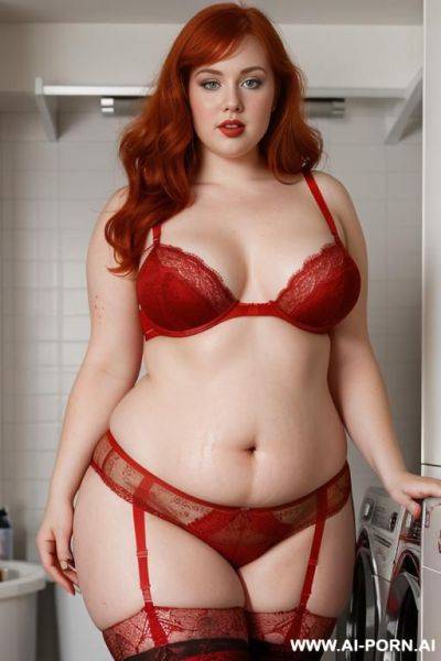 Half-length photo, ((half body photo shot close up)). as a set in the laundry area, a (((very fat))) fat chubby fat thick and bbw redhead british, ((she is washing clothes)). she has - ai-porn.ai - Britain on pornsimulated.com