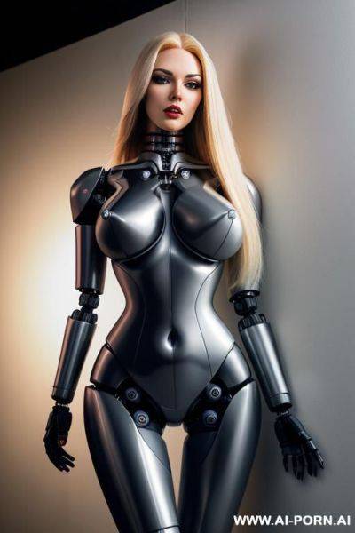 Robot, front view, full body view, leaning back against wall, looking at viewer, angry face, open mouth, shouting, beautiful, long straight blonde hair, big lips, wide jaw, heavy makeup, silicone - ai-porn.ai on pornsimulated.com