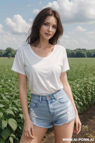 Beautiful, realistic, hungarian, 30, messy hair, dark brown hair, very white skin, athletic body, slight smile, makeup, blusher, eye shw, standing, spreading legs, white t-shirt, jean shorts, farm background. - ai-porn.ai - Hungary on pornsimulated.com