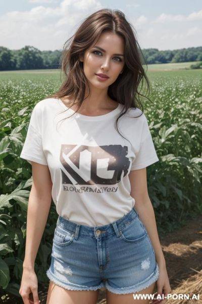 Beautiful, realistic, hungarian, 30, messy hair, dark brown hair, very white skin, athletic body, slight smile, makeup, blusher, eye shw, standing, spreading legs, t-shirt, jean shorts, farm background. - ai-porn.ai - Hungary on pornsimulated.com