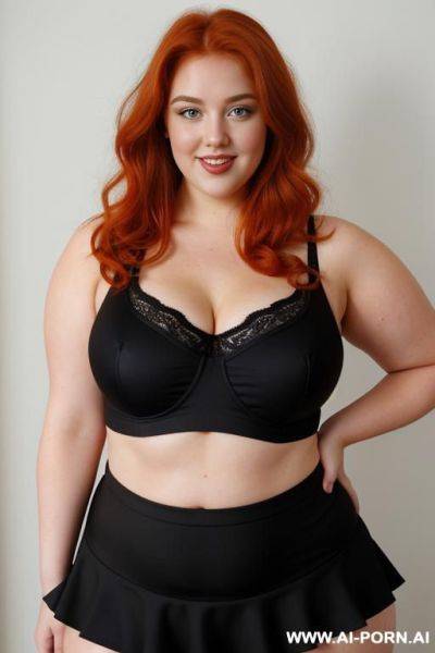 Redhead bbw, chubby and very fat, thick, breasts, dimples, voluptuous shaped, wide hips, thick thighs, chubby, hair, s, slicked back hair, large forehead, black tank top, bra, areola, ruffle microskirt, fully clothed, city - ai-porn.ai on pornsimulated.com