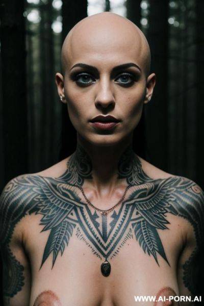 Dark woods, wrists tied, fire, sacrifice, covered in tattoos - ai-porn.ai on pornsimulated.com